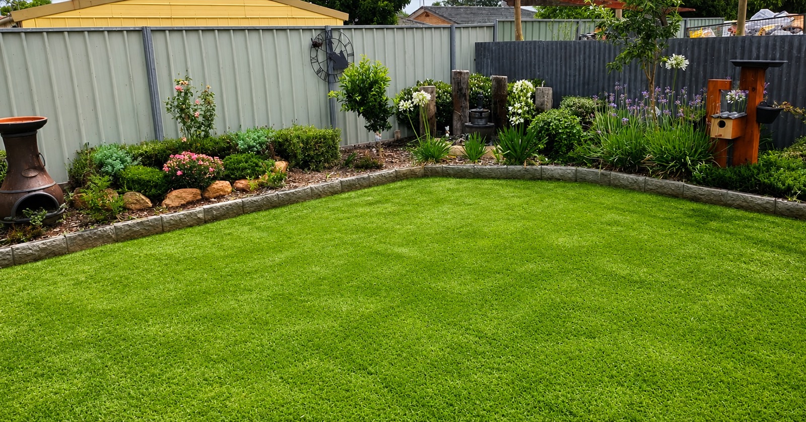A manicured backyard lawn and garden beds by MR Landscapes near Dubbo