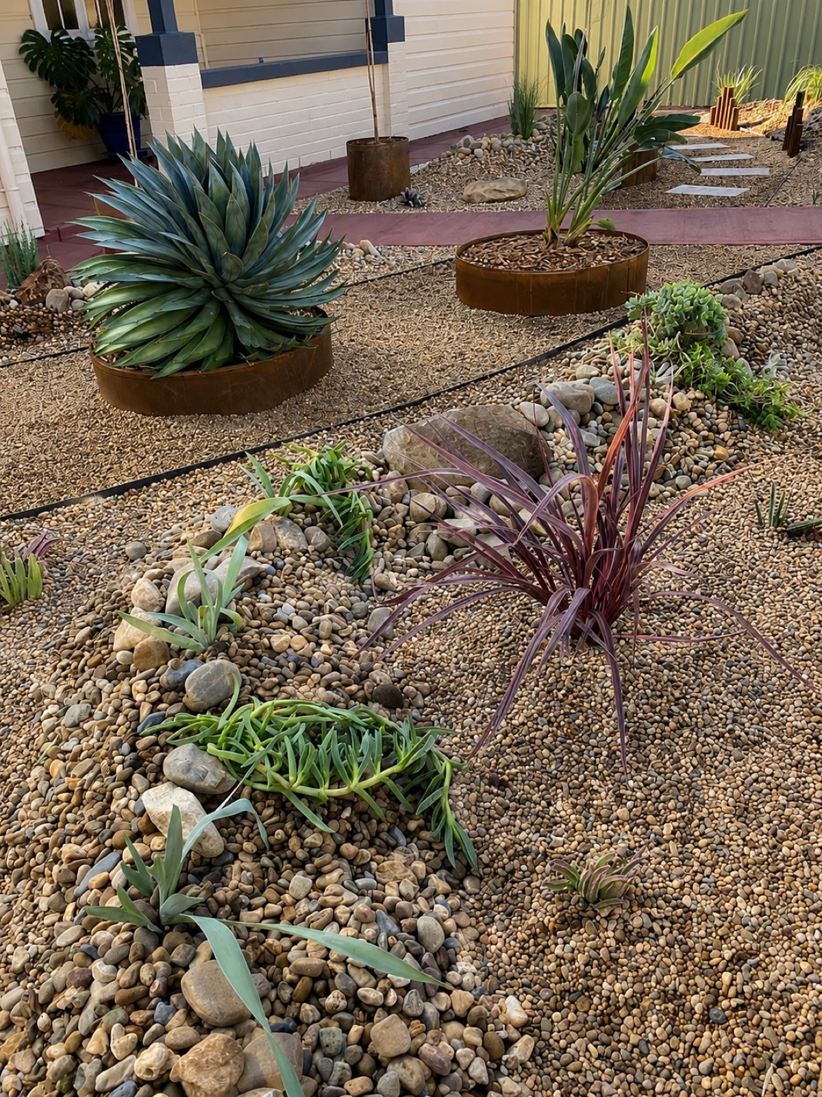 A water-smart succulent and pebble garden designed by Matt